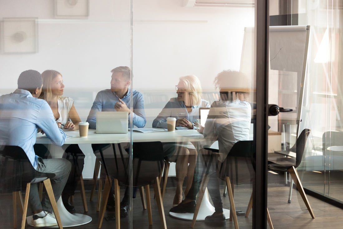 A business team having a meeting in a conference room.