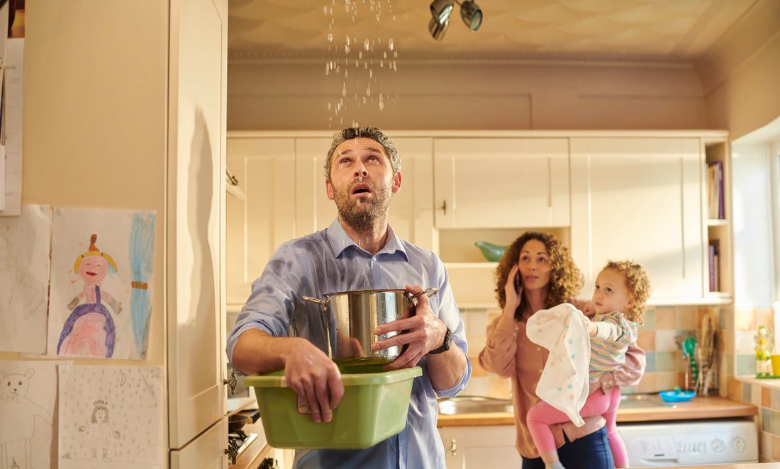 A family putting a pot under a water leak.